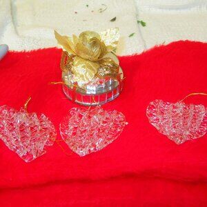 VTG SET OF 4 ORNAMENTS 3 SPUN GLASS HEARTS, 1 TIERED MIRRORED W/GOLD ROSE